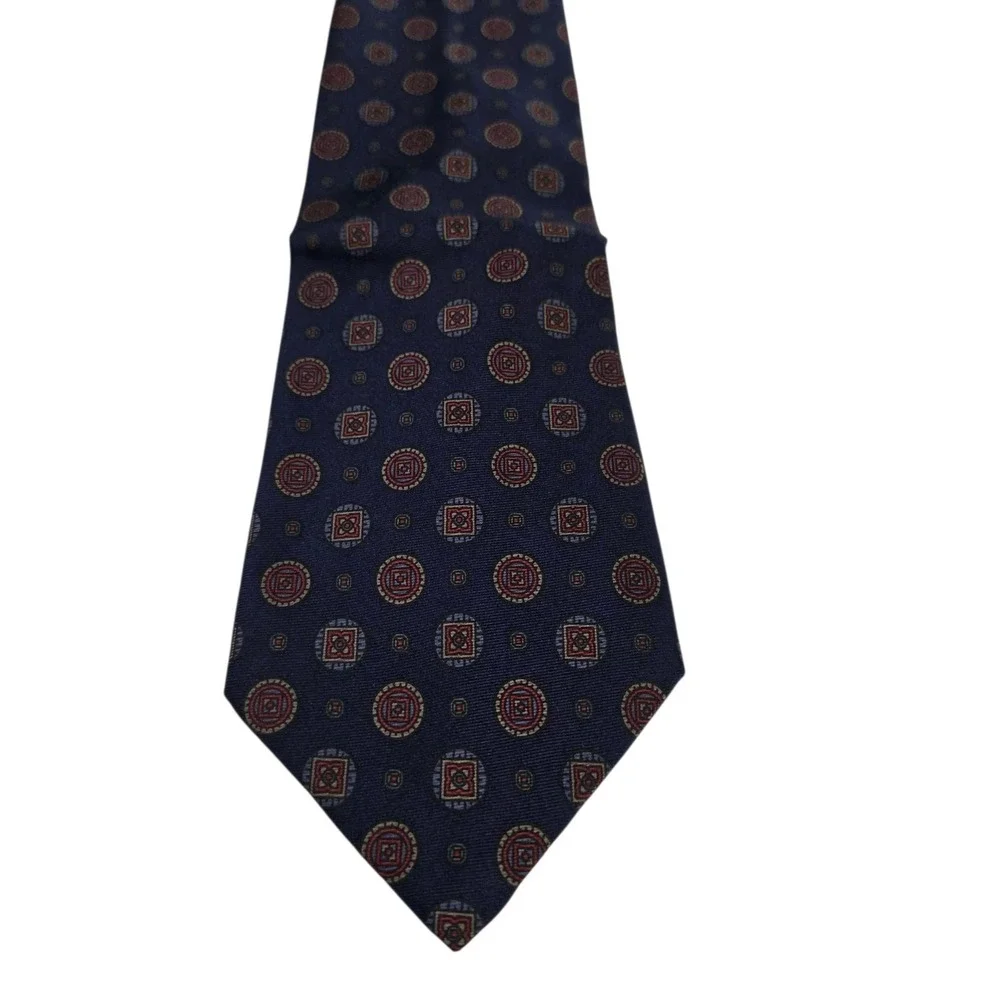 ADOLFO Silk Geometric Pattern Necktie Navy Blue Made in‎ Italy Luxury Accessory
